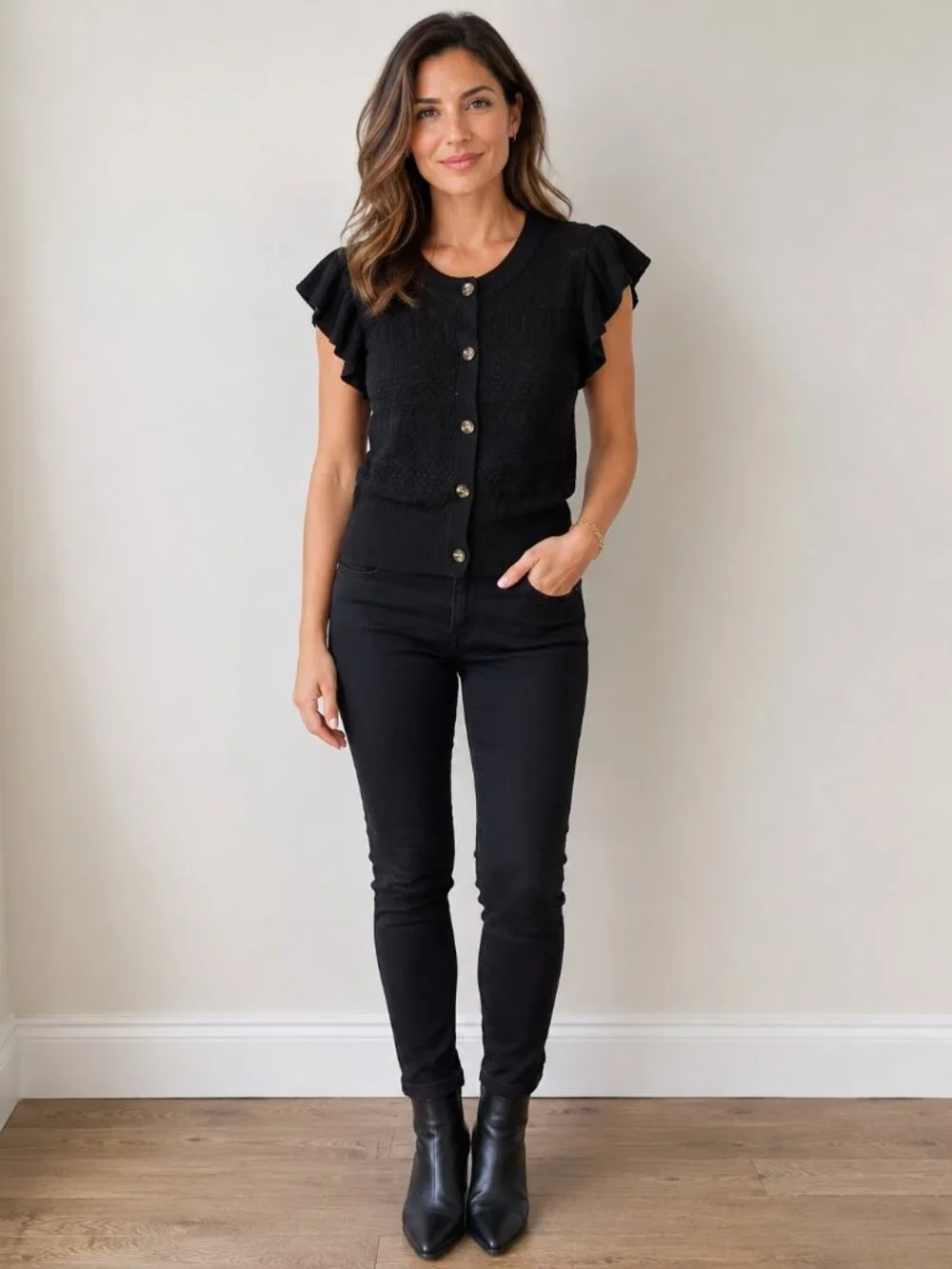 Who What Wear Black Ruffle Sleeve Knit Cardigan Top Size L